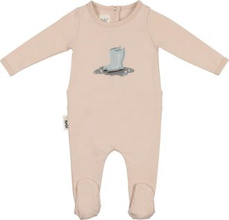 Maniere Rainboot Print Cotton Blend Footie in Biscuit at Nordstrom, Size 12M