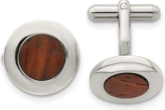 Diamond2Deal Stainless Steel Polished Koa Wood Inlay Circle Cufflinks