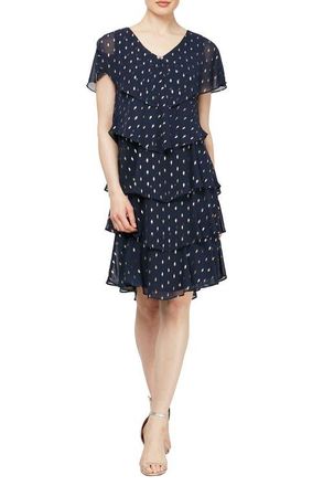 S.L. Fashions Polka Dot Tiered Georgette Dress in Navy Gold at Nordstrom, Size 12