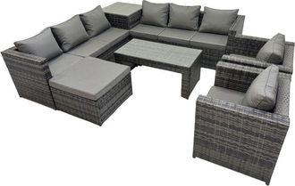 Fimous Fimous Garden Rattan Outdoor Furniture Set 9 Seater Patio Corner Sofa Oblong Coffee Table with Chair Big Stool Side Table Dark Grey