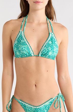 Kulani Kinis Crochet Trim Halter Bikini Top in Emerald Aura at Nordstrom, Size X-Small