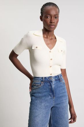 Karen Millen Womens Military Trim Rib Knit Short Sleeve Collared Top - White Polyamide - Size X-Small