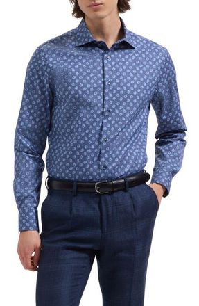 Bugatchi Axel Shaped Fit Floral Print Cotton Button-Up Shirt in Navy at Nordstrom, Size Xxx-Large