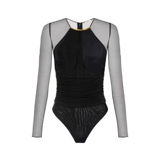 Elisabetta Franchi Body, female, Black, Size: XL Crepe Jersey Bodysuit with Jewel Detail