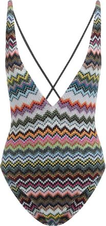 Missoni Swimsuits, female, Multicolor, S, V-neck viscose blend zigzag lam&eacute; one-piece swimsuit