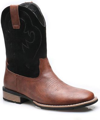 Generic Mens Square Toe Western Cowboy Boot Pull on Wide-Calf Boots Flat Heel Mid-Calf Boots with Embroidery Stitched,Black,5.5 UK