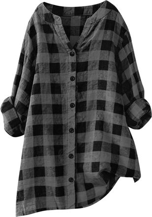 Generic Ladies t-Shirts Womens Checked Tops Casual 2026 Fashion Plus Size Button Down Flannel Shirts Long Sleeve V Neck Summer Top Dressy Plaid Lounge Loose S