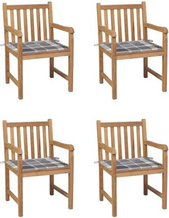 vidaXL Sillas De Jard&iacute;n 4 Uds Madera Maciza Teca Cojines Cuadros Gris Vidaxl