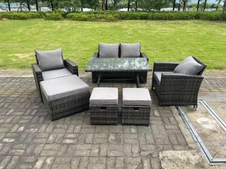 Fimous 7 Seater Dark Grey Mixed High Back Rattan Sofa Set Dining Table Garden Furniture Outdoor