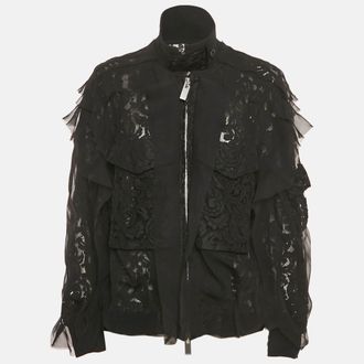 sacai Black Lace Ruffle Detail Zip Up Jacket