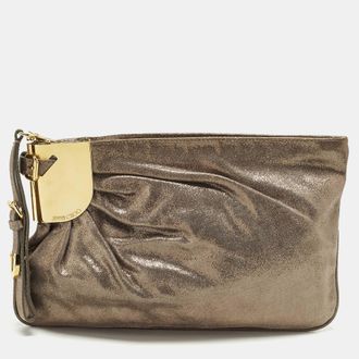 Jimmy Choo London Pleated Metallic Textured Suede Wristlet Pouch