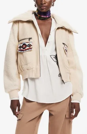 Desigual Chaq Roma Faux Shearling Crop Bomber Jacket in White at Nordstrom, Size X-Small