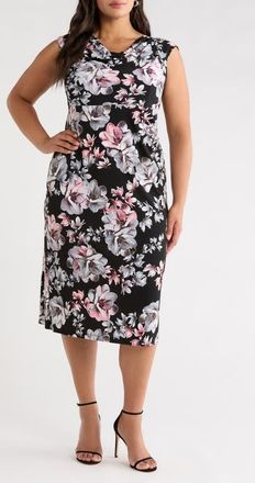 Connected Floral Cowl Neck Cap Sleeve Midi Dress in Black at Nordstrom, Size 22W