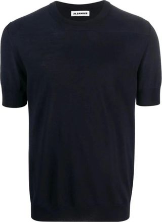 Jil Sander Tops, Heren, Blauw, M, Wol, T-shirt van gebreide stof met korte mouwen
