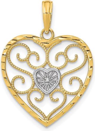 Diamond2Deal 14k Yellow Gold and White Rhodium Filigree Beaded Heart Charm Pendant