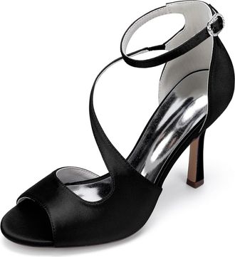 Generic Wedding Bridal Shoes Women Peep Toe Ankle Straps Stiletto Sandals Buckle Satin Evening Party Prom High Heel 9.5Cm,Black,10 UK
