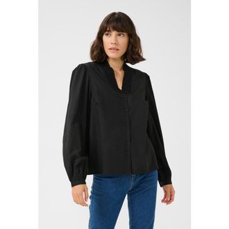 Kaffe KAmaia V-neck Pleats Long Sleeve Shirt in Black Deep at Nordstrom, Size 12