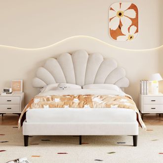Matteo Luxury Beige 4ft6 Double Velvet Upholstered Bed Frame with Adjustable Petal Headboard & Solid Wood Slats - Easy Assembly