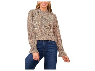 CeCe by Cynthia Steffe Long Sleeve Leopard Ruffled Top Womens Clothing Dune : XL, Polyester