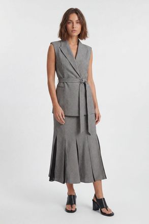 Karen Millen Womens Petite Soft Tailored Check Godet Detail Midi Skirt - Grey - Size 16 UK