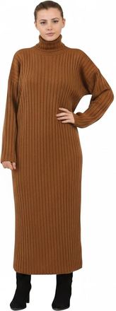 Generic Ladies Knitted Maxi Dress Long Sleeve High Funnel Neck Pullover Jumper - Womens Winter Warm Ribbed Long Dress, Soft Stretchy One Size Fit (UK 8-16) (U