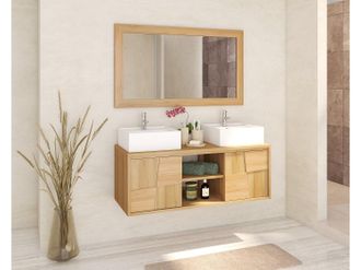 Vente-Unique Mueble de ba&ntilde;o suspendido de teca con doble lavabo cuadrado de cer&aacute;mica sobre encimera - An. 120 cm - SUMBAWA