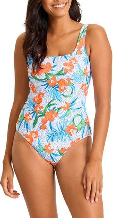 Tommy Bahama Goa Tropical Reversible UPF 50+ One-Piece Swimsuit in Blue Multi at Nordstrom, Size 12