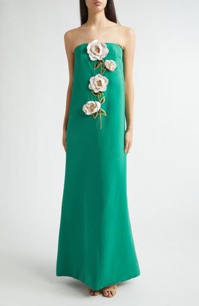 Lela Rose 3D Peony Embroidered Strapless Faille Gown in Fern/pink at Nordstrom, Size 0