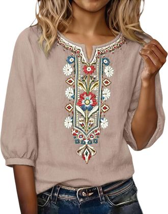 Generic Going Out Tops for Women Uk Boho Tops for Women UK Cotton Linen Half Sleeve Embroidery Blouse Elegant Casual Summer Breathable T Shirts Lightweight Fa