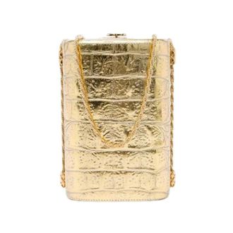 Chanel Pre-owned Embossed Metallic Leather Kiss Lock Crossbody - Dames - Pre-owned - Geel - Maat: ONE Size Leer