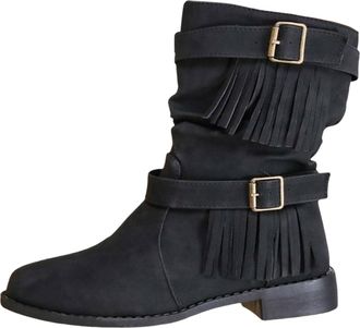Generic Plus Size Womens Mid Calf Boots with Belt Tassel and Solid Buckle Design for Everyday Casual Wear Comfort (Black, 4.5)