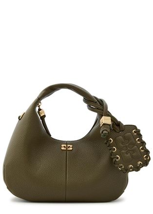 Ganni Hobo Mini Grained Leather top Handle bag - Olive - One Size