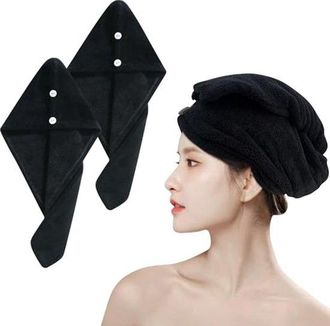 OEM Juego De 2 Toallas De Microfibra Superabsorbentes Con Botones Para Cabello Largo Y Mojado, De Secado R&aacute;pido, 25 X 65 Cm (negras)