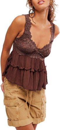 Free People Petal Party Ruffle Trim Lace Babydoll Top in Shaved Chocolate at Nordstrom, Size X-Small