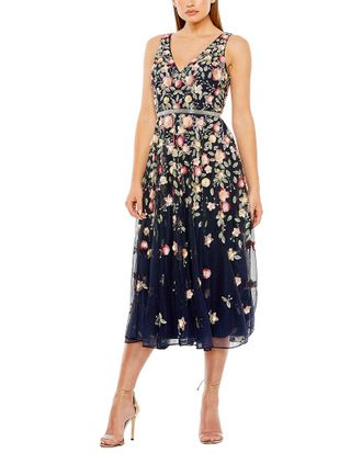 Mac Duggal Embroidered Mesh V-Neck Sleeveless Midi Dress