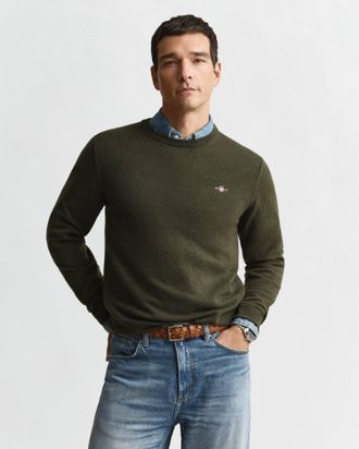 GANT Men Superfine Lambswool Crew Neck Sweater (XXXL) KHAKI GREEN MELANGE
