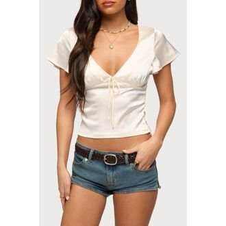 Edikted Aurora Ruffle Satin Effect Top in Ivory at Nordstrom, Size X-Large