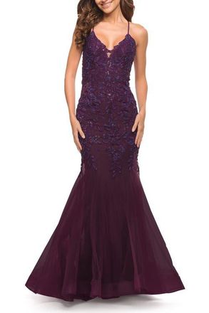 La Femme Mermaid Tulle and Lace Jeweled Prom Dress in Dark Berry at Nordstrom, Size 10