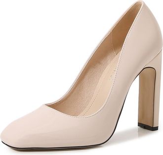Generic Beige,5.5 UK,Womens Chunky high Heels Square Closed Toe Slip on Pumps Block Heel Patent Leather Wedding Party Prom Dress Shoes