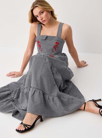 Icone Womens Embroidered seahorses maxi tiered seersucker dress