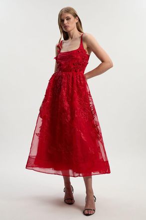 Karen Millen Womens Archive Embroidered Applique Organdie Woven Prom Dress - Red - Size 12 UK