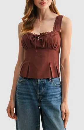 All in Favor Lace Trim Pleated Rayon and Linen Top in Brown at Nordstrom, Size X-Large