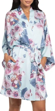Midnight Bakery Floral Satin Wrap Robe in Blue/Pink at Nordstrom, Size X-Small