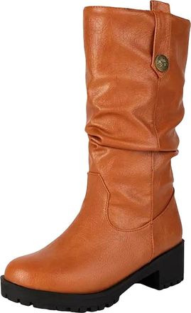 Generic Womens Retro Mid Calf Boots Round Toe Medium Block Heel Platform Slip On With Metal Decoration Leisure Footwear