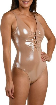 La Blanca Sand Beaded One-Piece Swimsuit at Nordstrom, Size 16