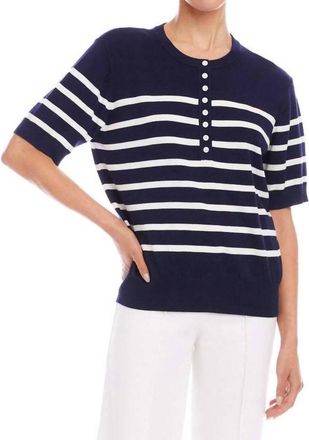Karen Kane Henley Stripe Sweater In Navy With Off White