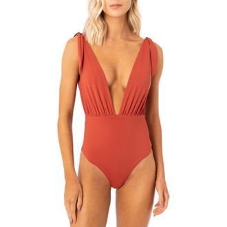 Maaji Burgundy Plunge Neck Open Back One-Piece Swimsuit in Red at Nordstrom Rack, Size Medium