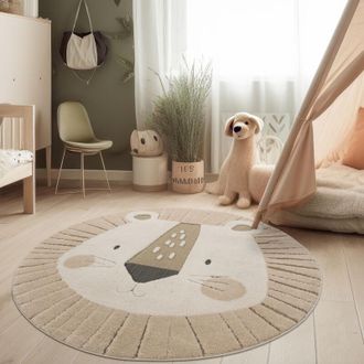 Paco Home Paco Home Alfombra De Habitaci&oacute;n Infantil Redonda De Juego Le&oacute;n 3d Tonos Tierra Crema &Oslash; 160 Cm Redon