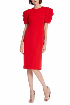 Badgley Mischka Pleated Drape Sleeve Sheath Dress In Red