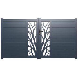 Vente-Unique Cancello elettrico battente Alluminio semi traforato con motivi L400 x H179 cm Antracite in kit - LABRIT II